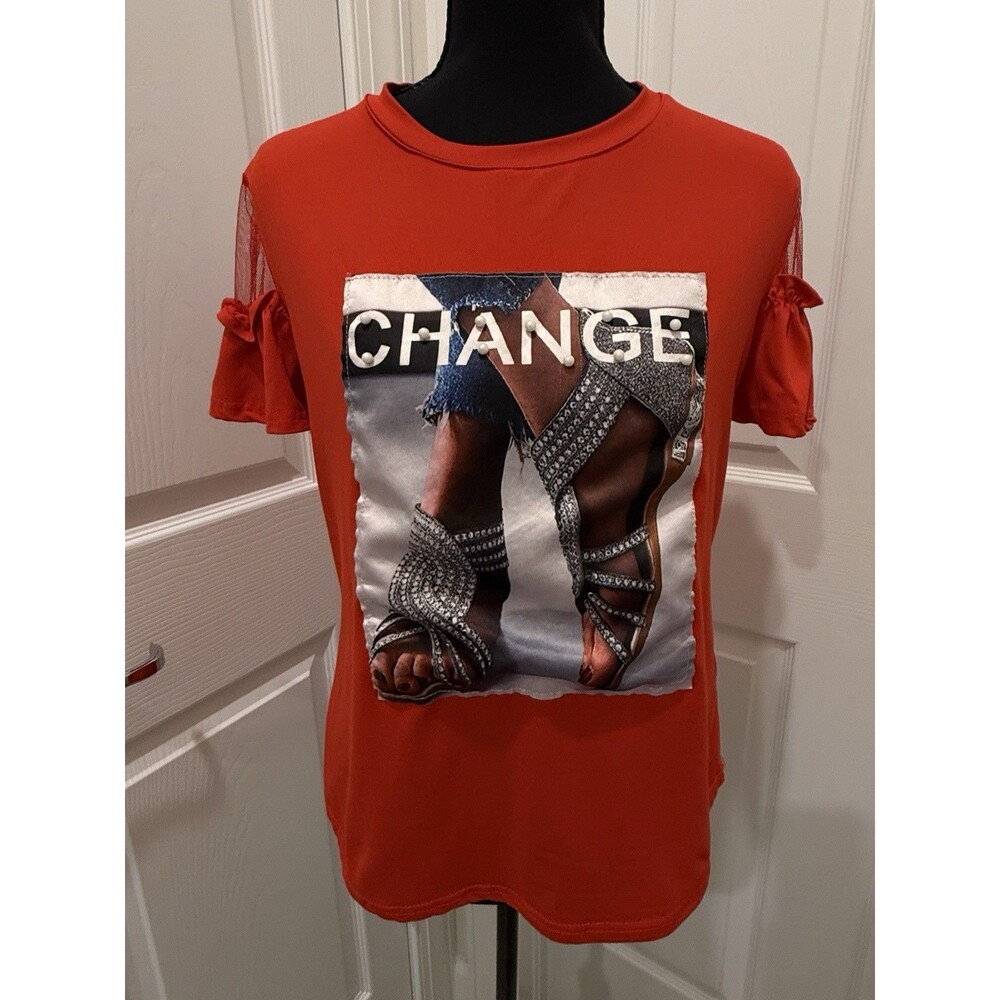 Ko Ko Ailis Red Change Graphic Tee Juniors Large Ruffle Mesh Sleeve Y2K Bling